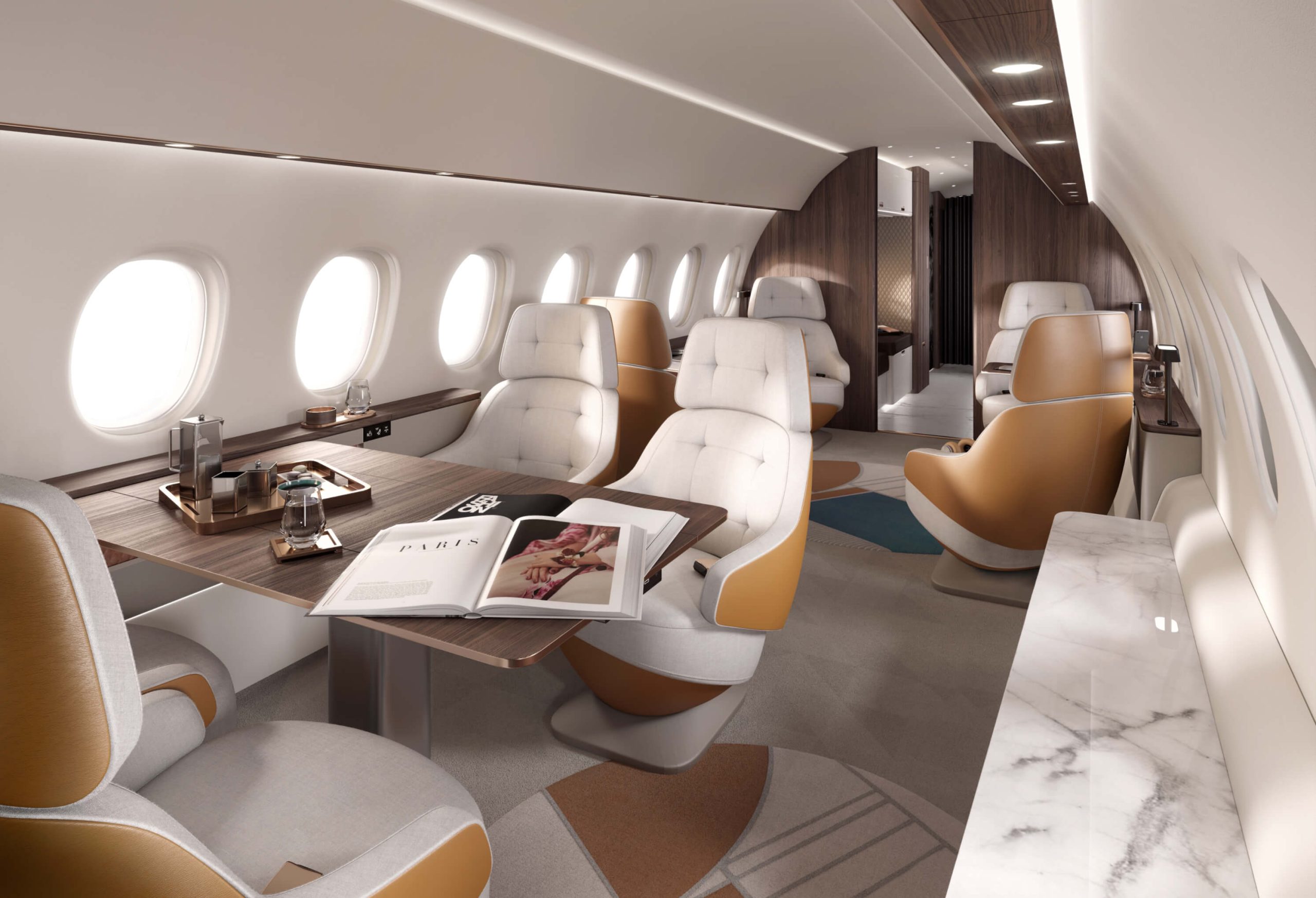 Luxury private airplane with style books and conversation seating